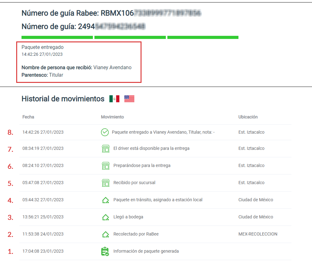 historial de movimientos entregado rabee